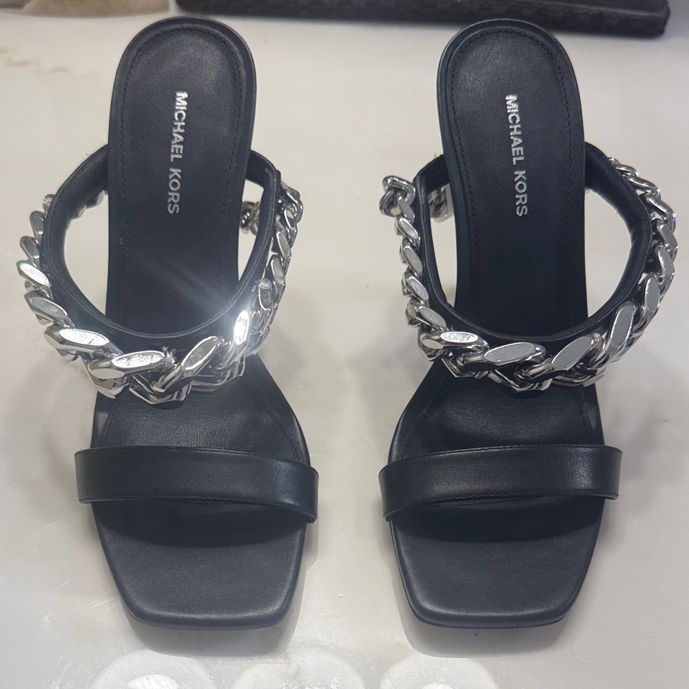 Michael Kors Black Heels with Silver Chain Accent